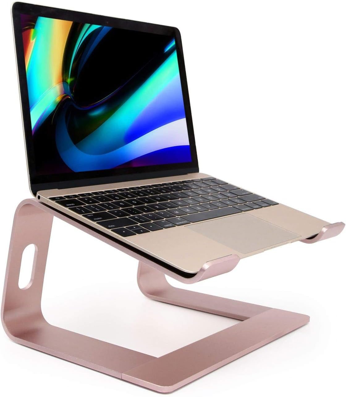 Ergonomic aluminum laptop mount in rose gold holding a laptop, designed for stability and heat dissipation.