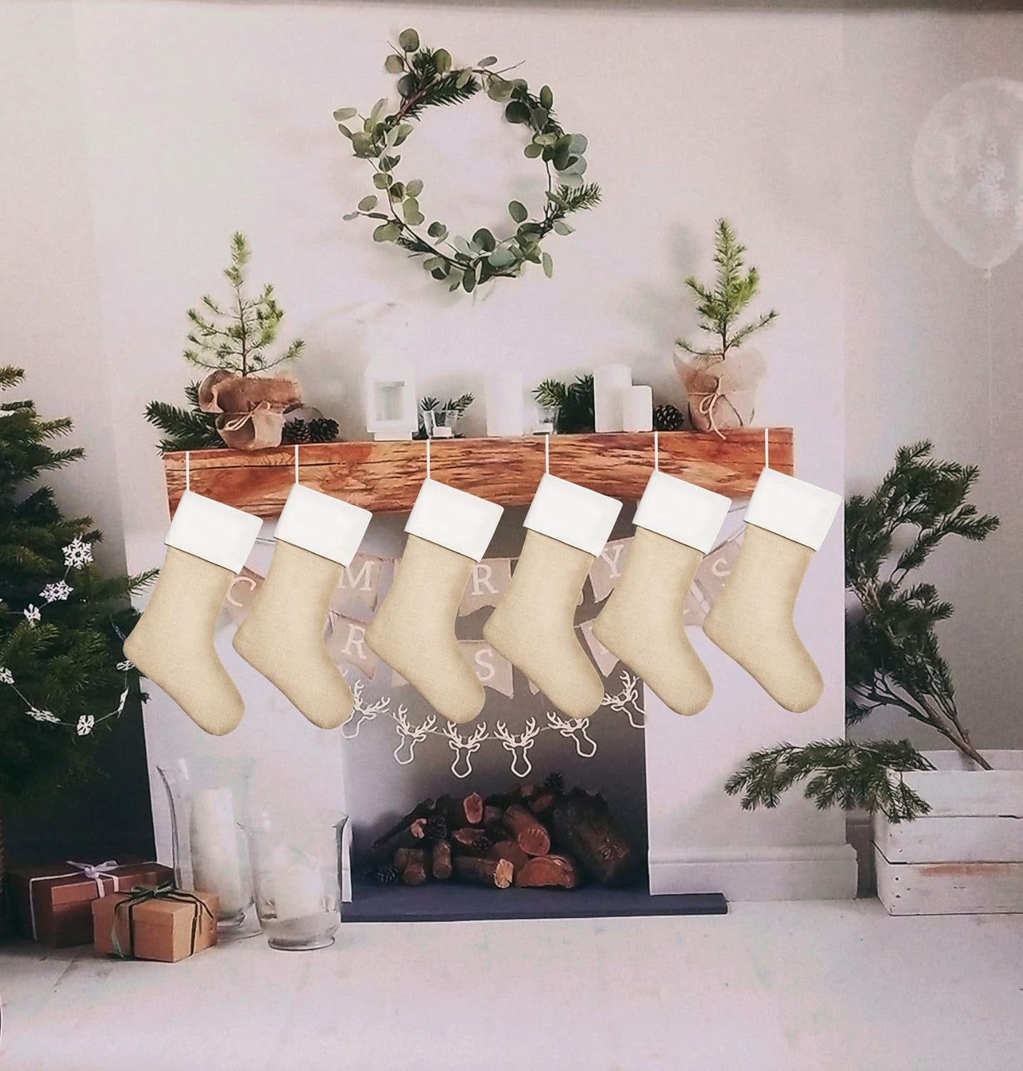 18" Burlap Christmas Stockings for Holiday Decor Plain,Pack 8