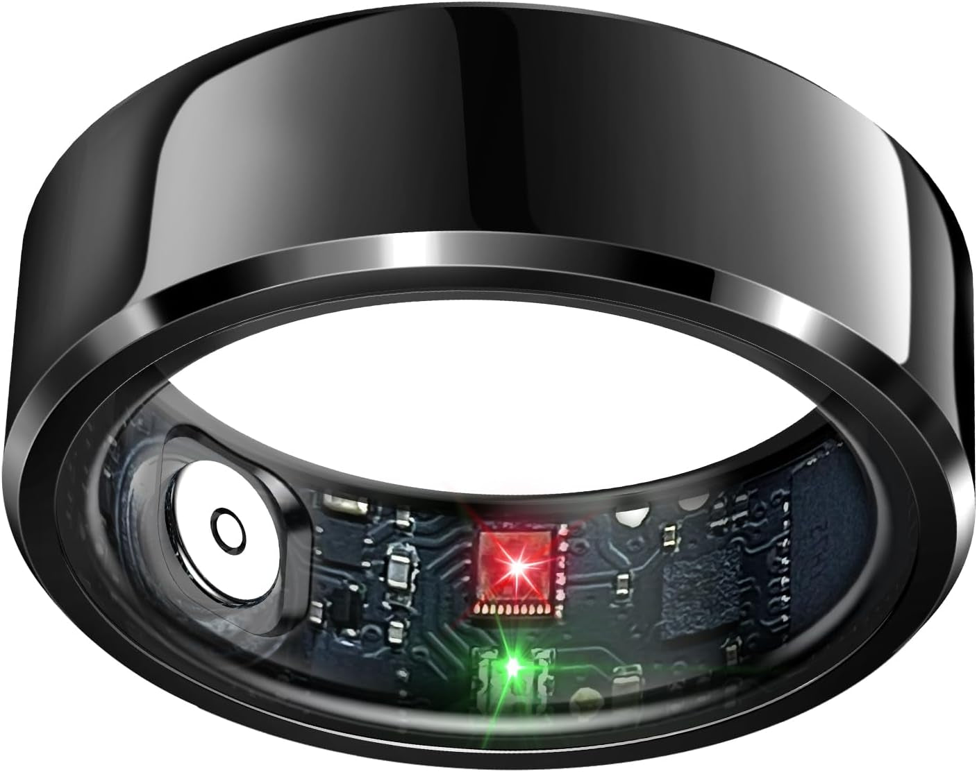 Black smart ring health tracker with visible internal sensors and circuit board for monitoring sleep, heart rate, activity, and fitness metrics