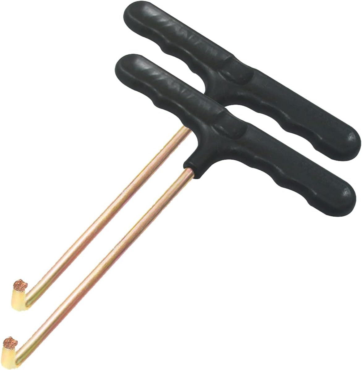 Trampoline spring pull tool with black ergonomic T-shaped handles and metal hooks for easy trampoline spring installation