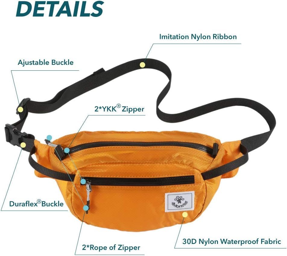 Orange hiking waist pack with adjustable strap, YKK zippers, and durable 30D nylon waterproof fabric.