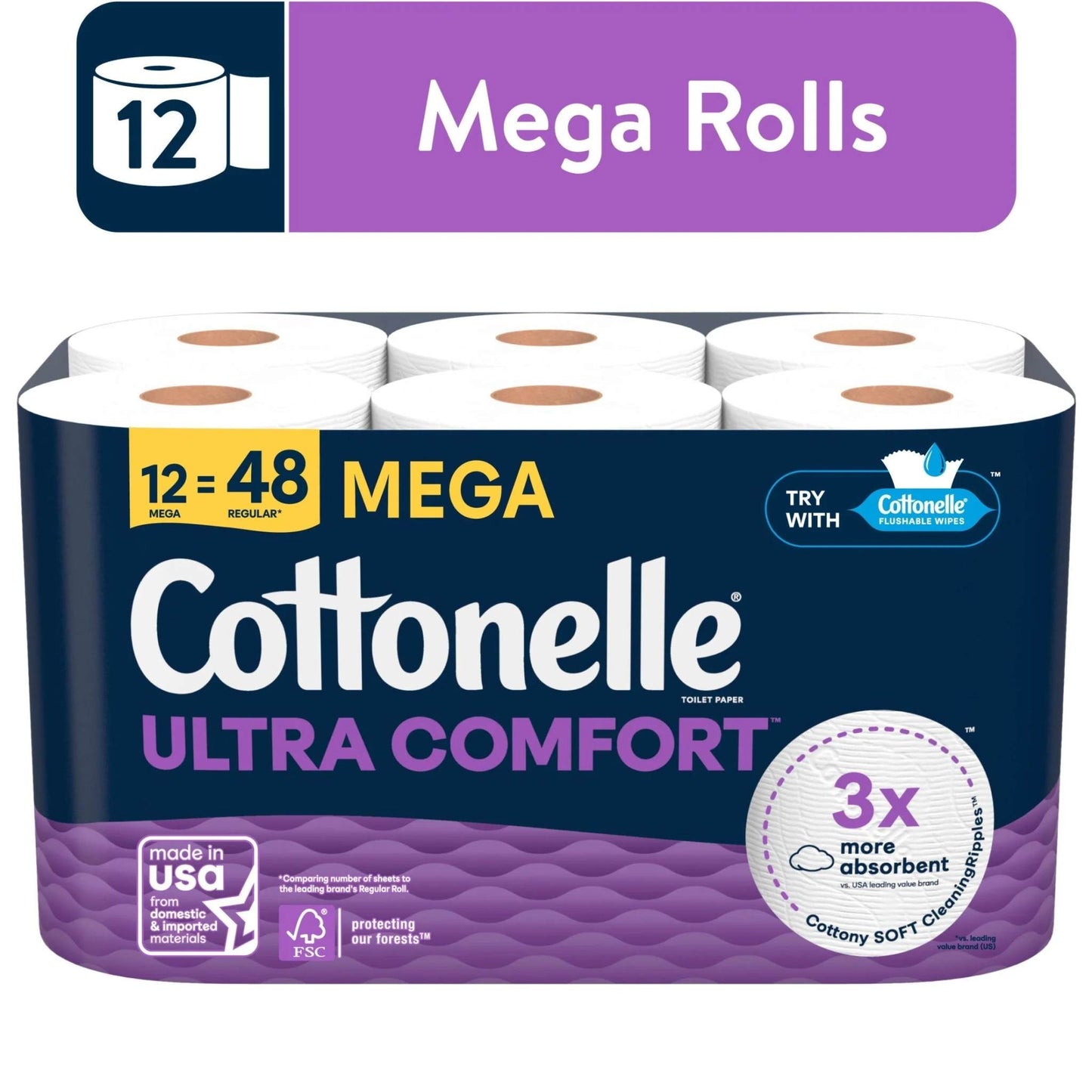 Cottonelle Ultra Comfort Toilet Paper 12 Mega Rolls, 3x more absorbent, soft 2-ply tissue with CleaningRipples, FSC-certified and septic-safe