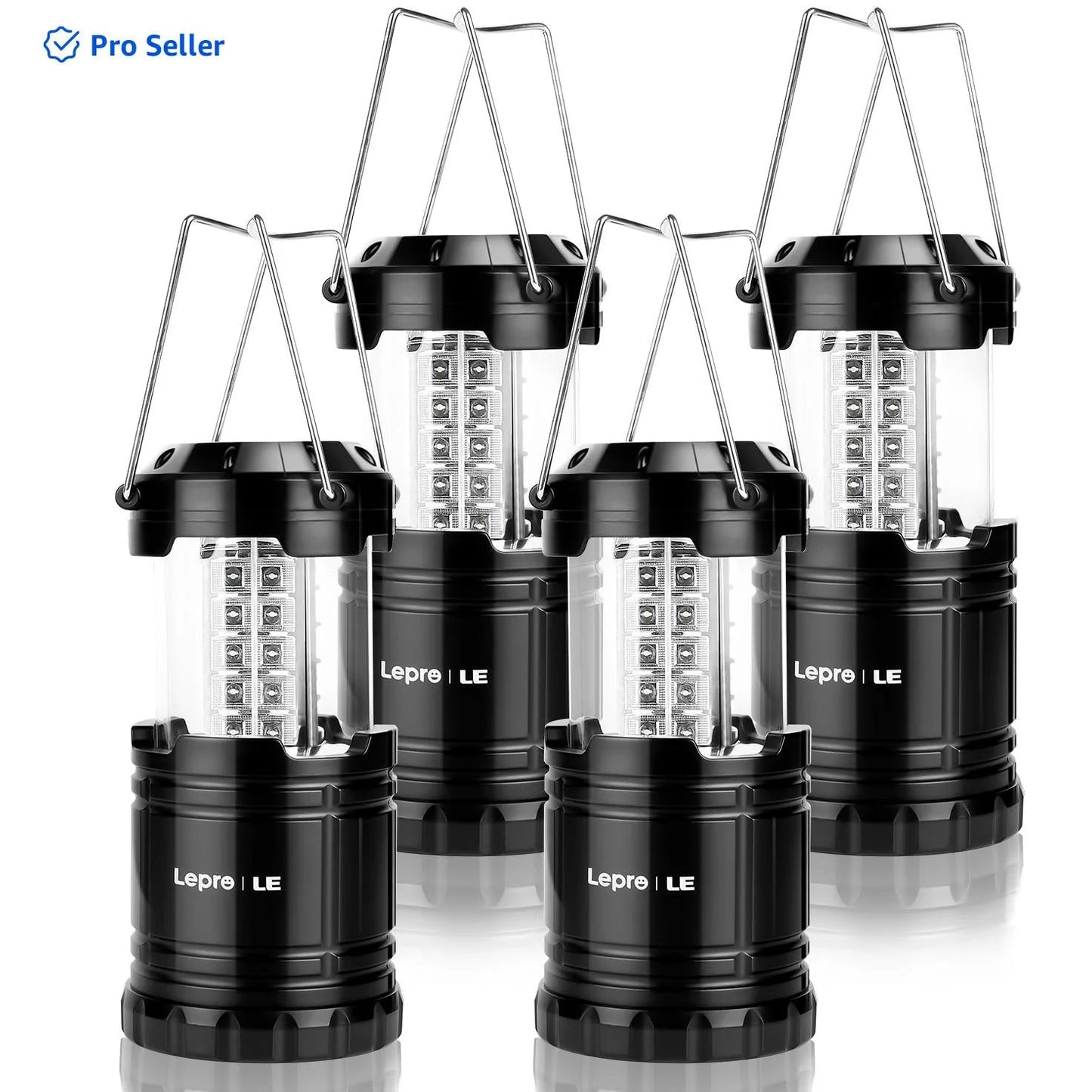 Set of four black LED collapsible camping lanterns with metal handles, battery powered, portable, and water resistant for outdoor and emergency use.