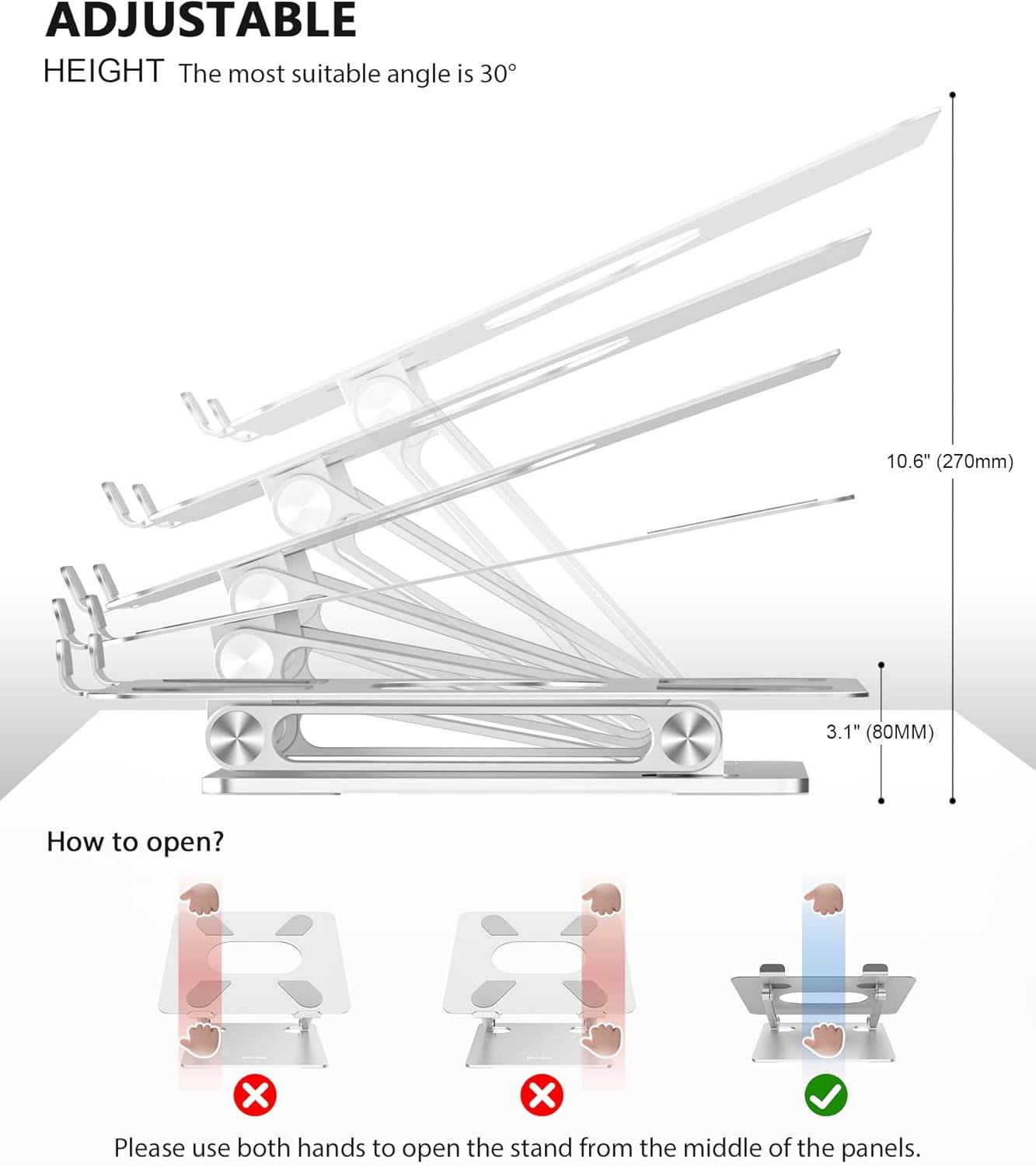 Adjustable multi-angle metal laptop stand with heat ventilation and non-slip silicone pads for laptops up to 17 inches.