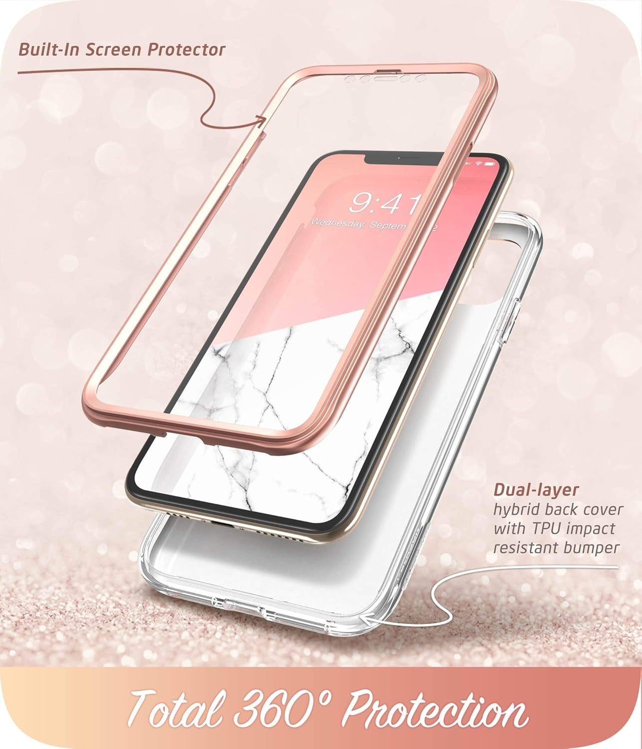 Cosmo Series slim full-body protective case with built-in screen protector and impact-resistant TPU for iPhone 11 Pro Max, marble design.