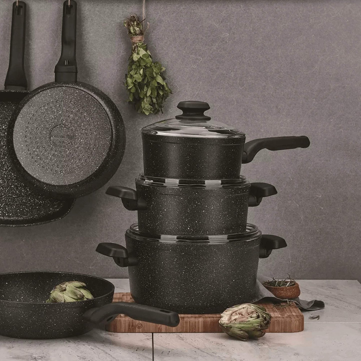 Korkmaz Ornella 2-piece 2L aluminum non-stick saucepan set with glass lids and black-speckled scratch-resistant coating