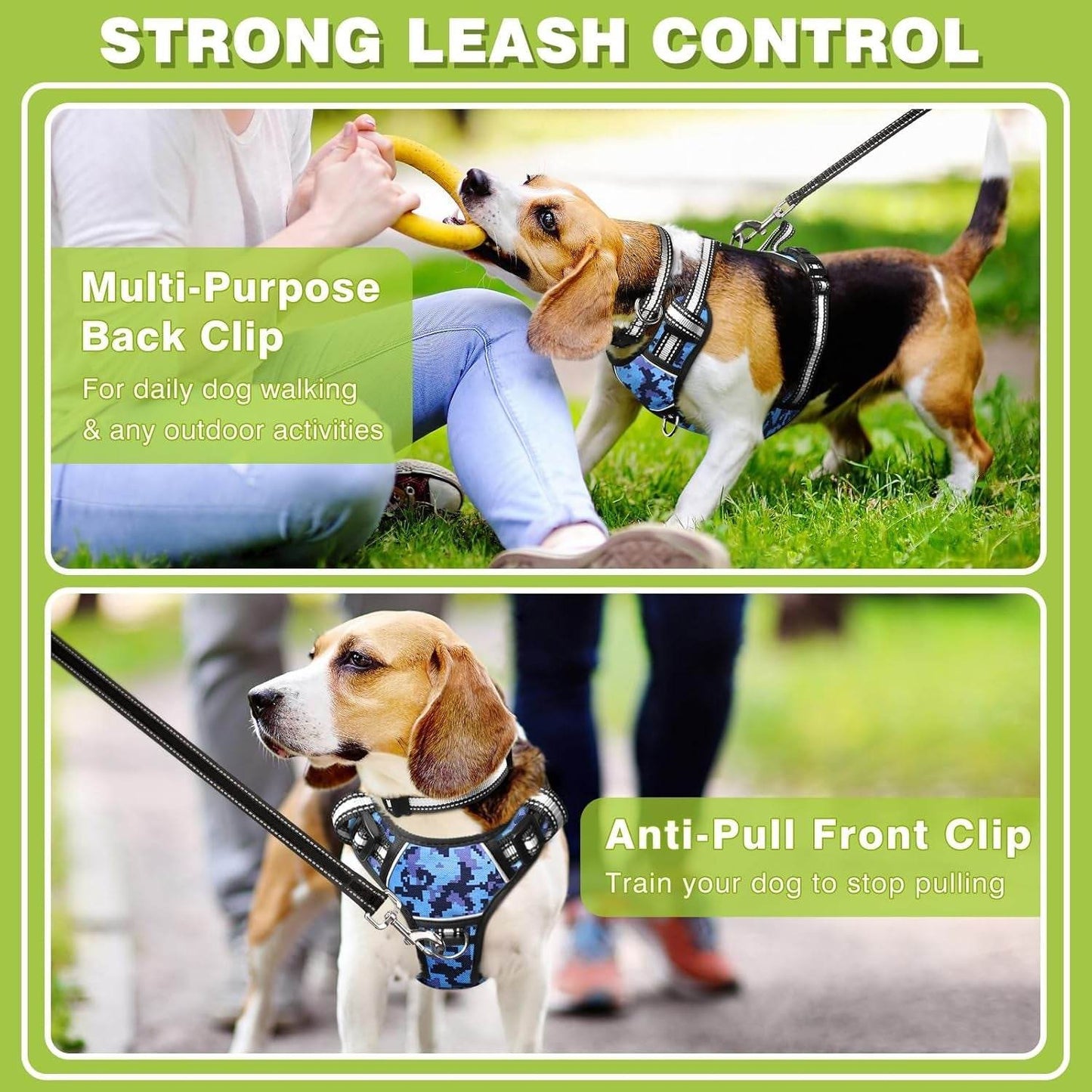 No pull dog harness with adjustable reflective straps, front and back leash clips, sturdy handle, and breathable padded vest for small to extra-large dogs.