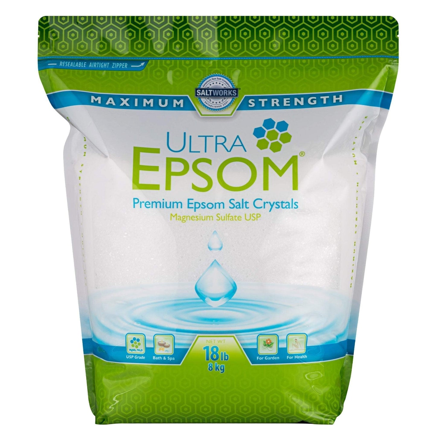 18-pound bag of Ultra Epsom Unscented Bath Salt, medium grain magnesium sulfate for soothing baths and muscle relief
