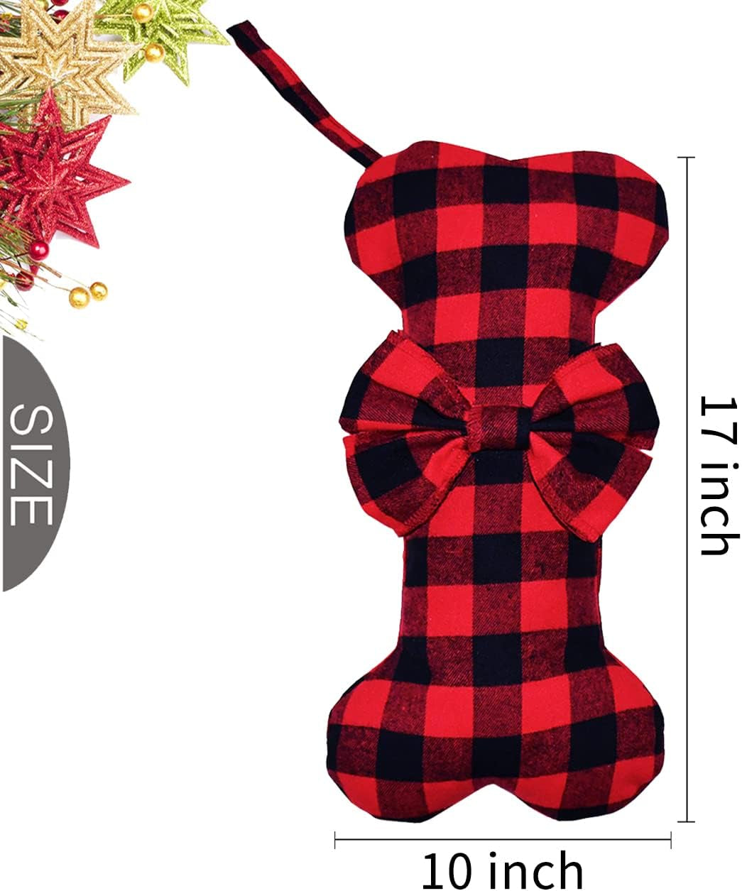 Pet Dog Christmas Stockings Classic Buffalo Red Black Plaid Large Bone Shape Hanging Christmas Stocking for Dogs Pets