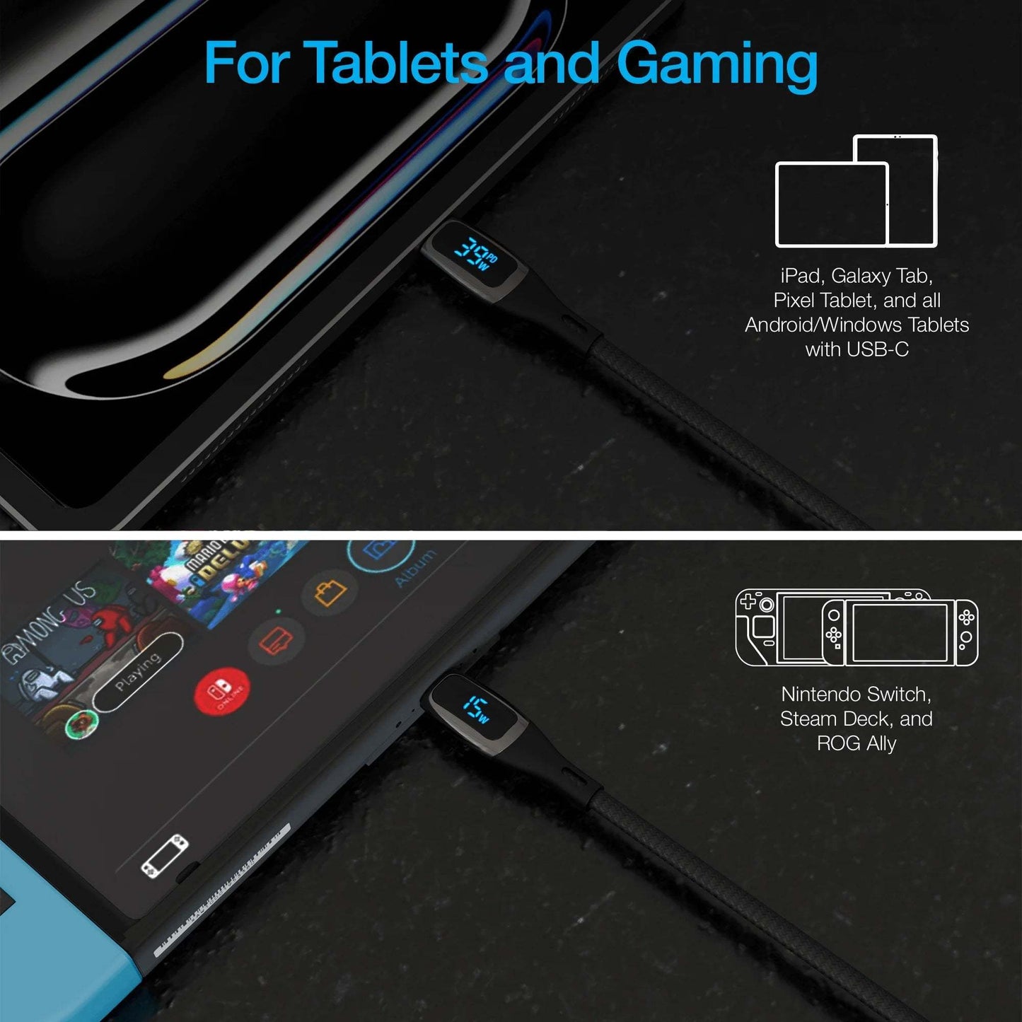 Naztech DigiWATT USB-C to USB-C 6ft braided charging cable with built-in LED digital wattage meter for tablets and gaming devices.