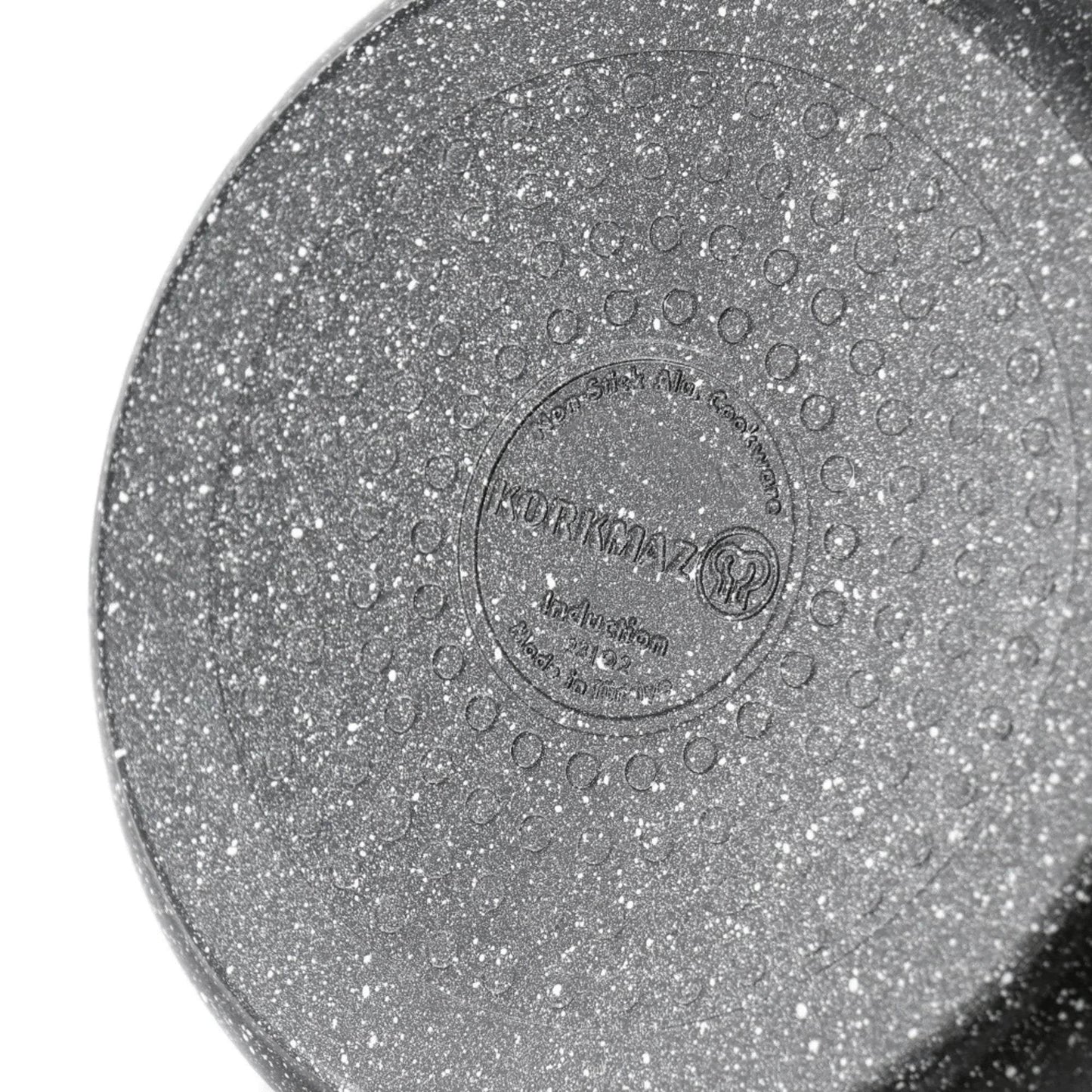 Bottom view of Korkmaz Ornella 2L aluminum non-stick saucepan with scratch-resistant surface