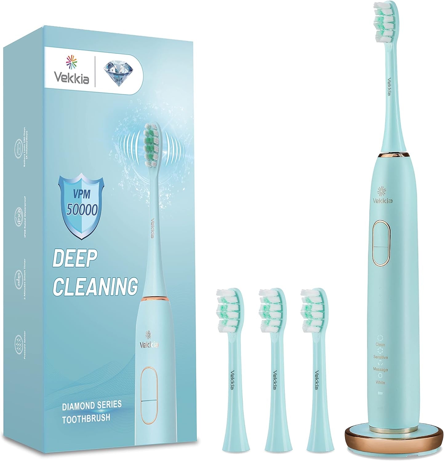 Blue diamond electric toothbrush with sonic cleaning, 4 brush heads, pressure sensor, timer, and rechargeable battery lasting 180 days
