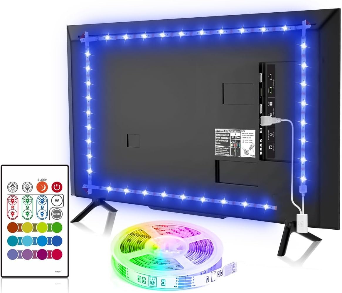 TV LED backlight strip glowing blue installed behind a 32-58 inch TV with USB power and remote control for 4096 color options and customizable lighting.