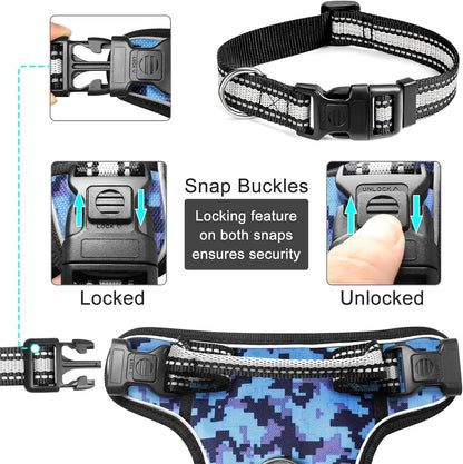 Blue digital camo no pull dog harness with adjustable reflective straps, locking snap buckles, and front/back leash clips for secure outdoor walks.