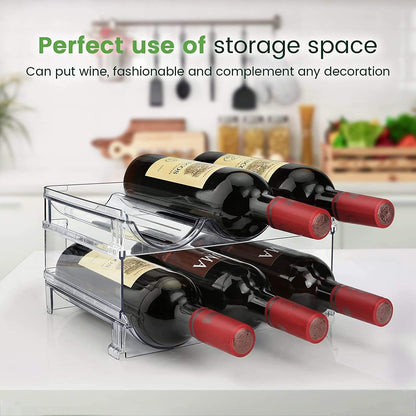 Stackable clear water bottle organizer holding wine bottles for pantry or cabinet storage