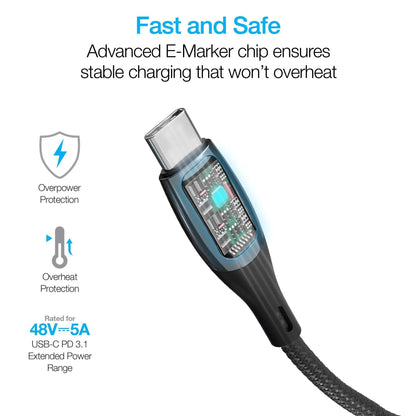Naztech DigiWATT USB-C to USB-C cable with built-in LED wattage meter and advanced E-Marker chip for safe, fast charging up to 240W.