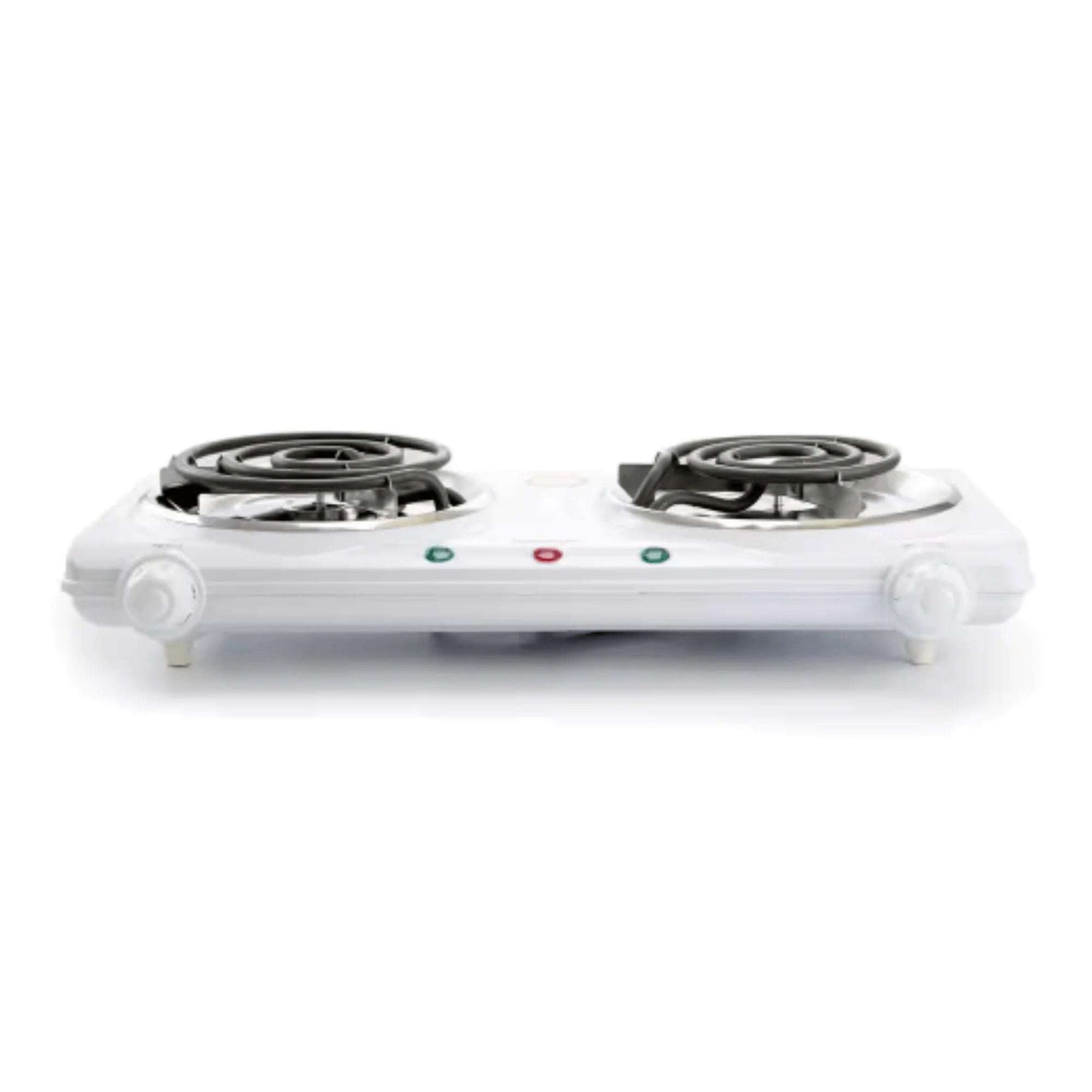 White Better Chef Electric Countertop Double Burner with two coil heating elements and adjustable knobs on a white background