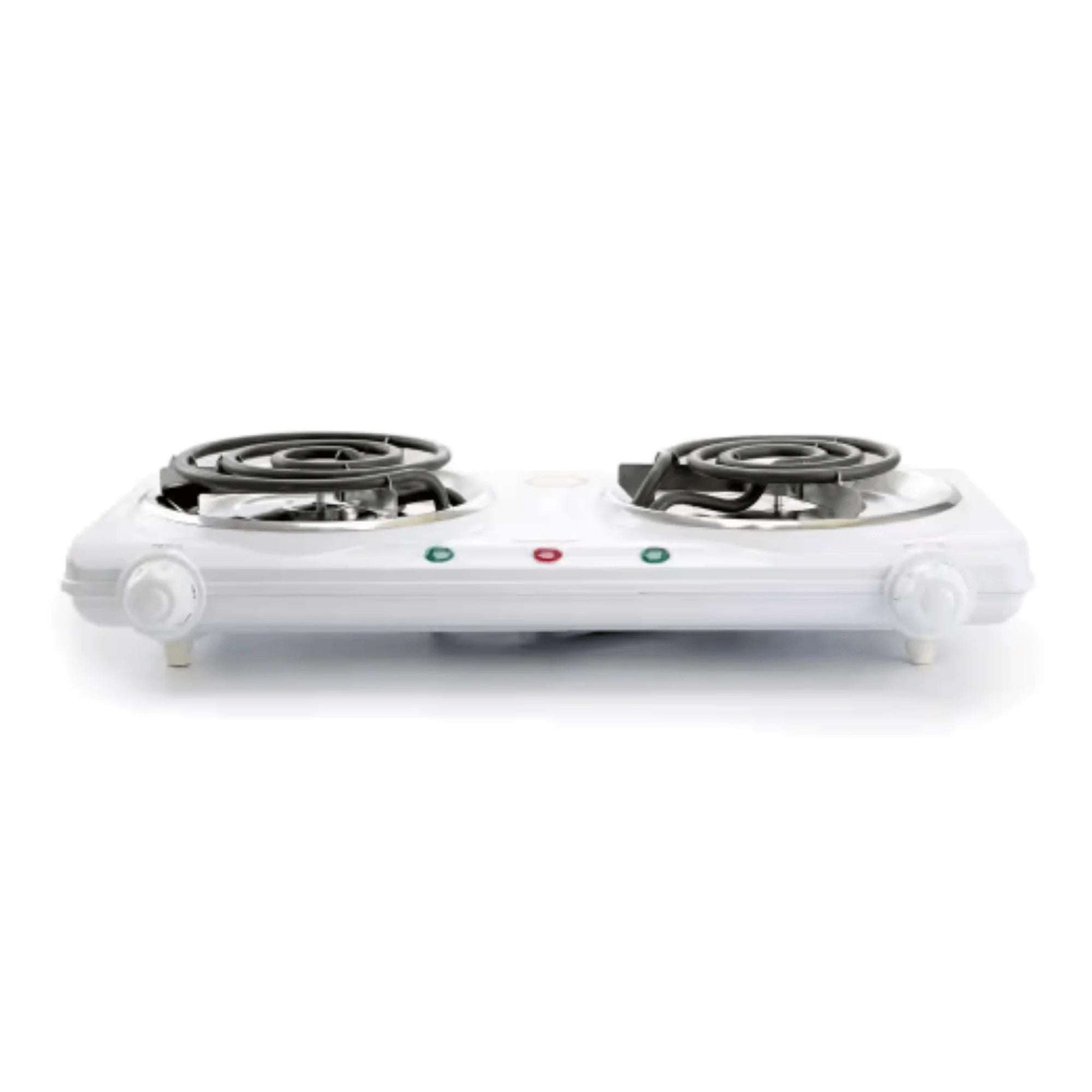 White Better Chef Electric Countertop Double Burner with two coil heating elements and adjustable knobs on a white background