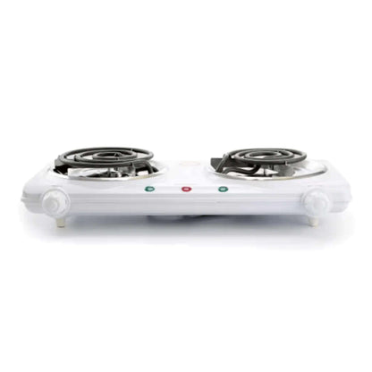 White Better Chef Electric Countertop Double Burner with two coil heating elements and adjustable knobs on a white background