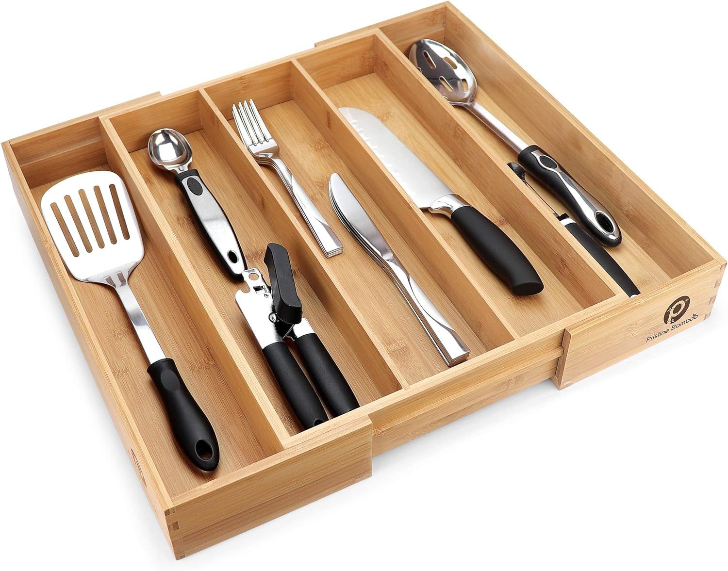 Silverware Tray for Drawer Organizer,Kitchen Drawer Organizer,Cutlery Organizer in Drawer, Flatware Silverware Holder, Expandable Adjustable Wooden Dividers (5-Slots)