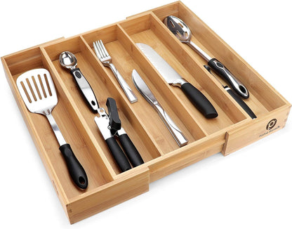 Silverware Tray for Drawer Organizer,Kitchen Drawer Organizer,Cutlery Organizer in Drawer, Flatware Silverware Holder, Expandable Adjustable Wooden Dividers (5-Slots)