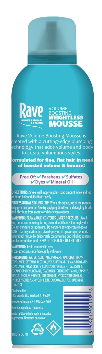 Rave Volume Boosting Weightless Mousse bottle for all hair types, unscented, 7 oz, adds volume and body with flexible hold, protects against heat and frizz, paraben and sulfate-free