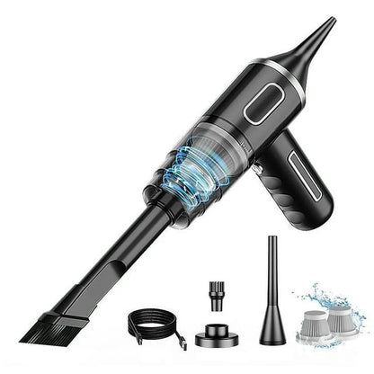 Compact black handheld cordless vacuum cleaner with multiple nozzles, strong suction, and washable HEPA filters for car and home use