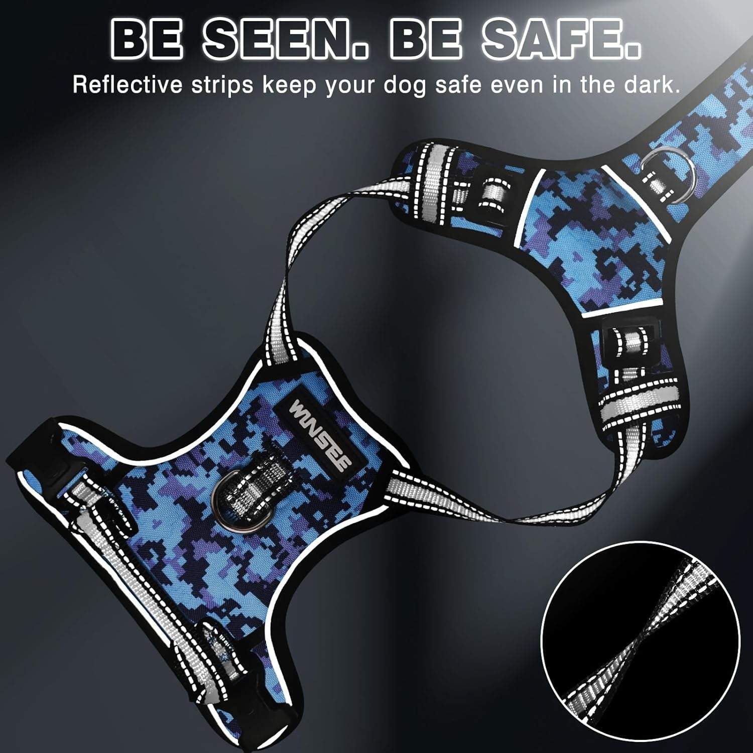 Adjustable reflective dog harness no pull with front and back leash clips, durable Oxford fabric, and easy control handle for small to extra-large dogs.