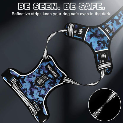 Adjustable reflective dog harness no pull with front and back leash clips, durable Oxford fabric, and easy control handle for small to extra-large dogs.