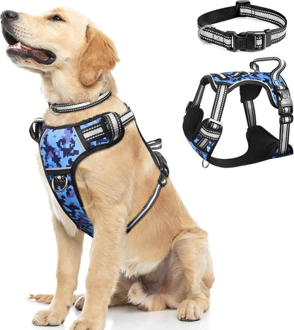 No pull dog harness with adjustable reflective straps and matching collar, suitable for medium to large dogs, shown on a golden retriever.