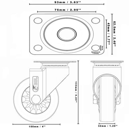 4" Heavy Duty Caster Wheels without Brakes + Screws - up to 1320Lbs - Set of 4 No Floor Marks Silent Castor for Furniture - Rubbered Trolley or Pallet Swivel Wheels - Silver Casters