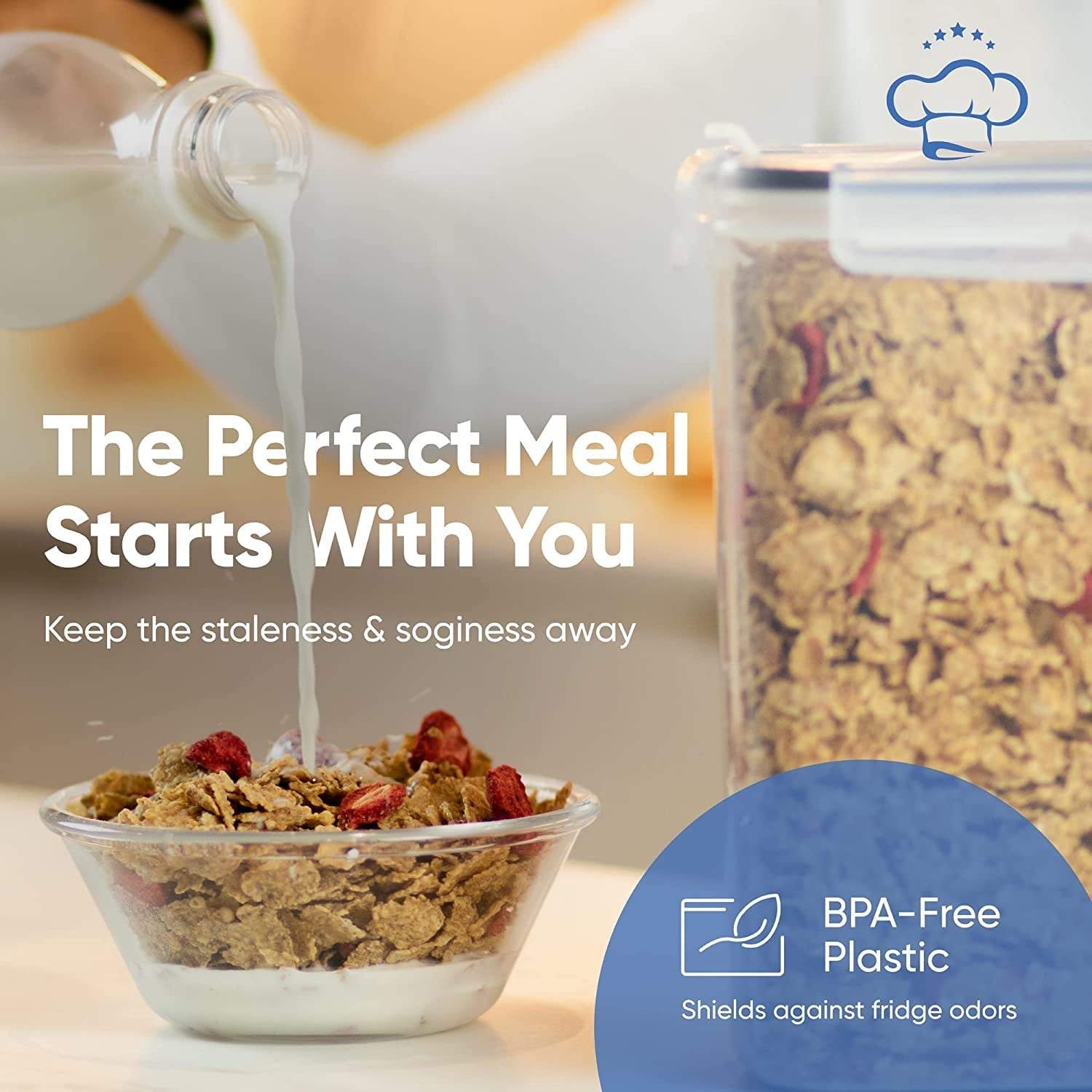 Airtight BPA-free cereal storage containers set with pour lid, stackable design for kitchen and pantry organization