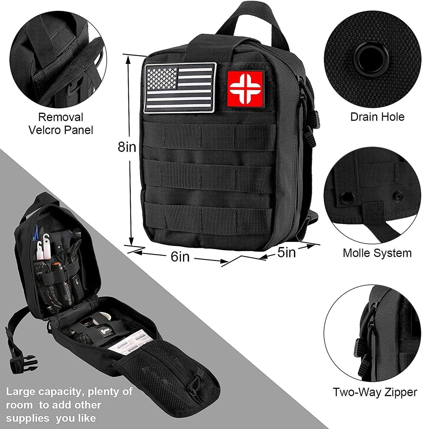 Compact black survival kit and first aid kit with MOLLE pouch, multiple compartments, and tactical patches for outdoor adventures.