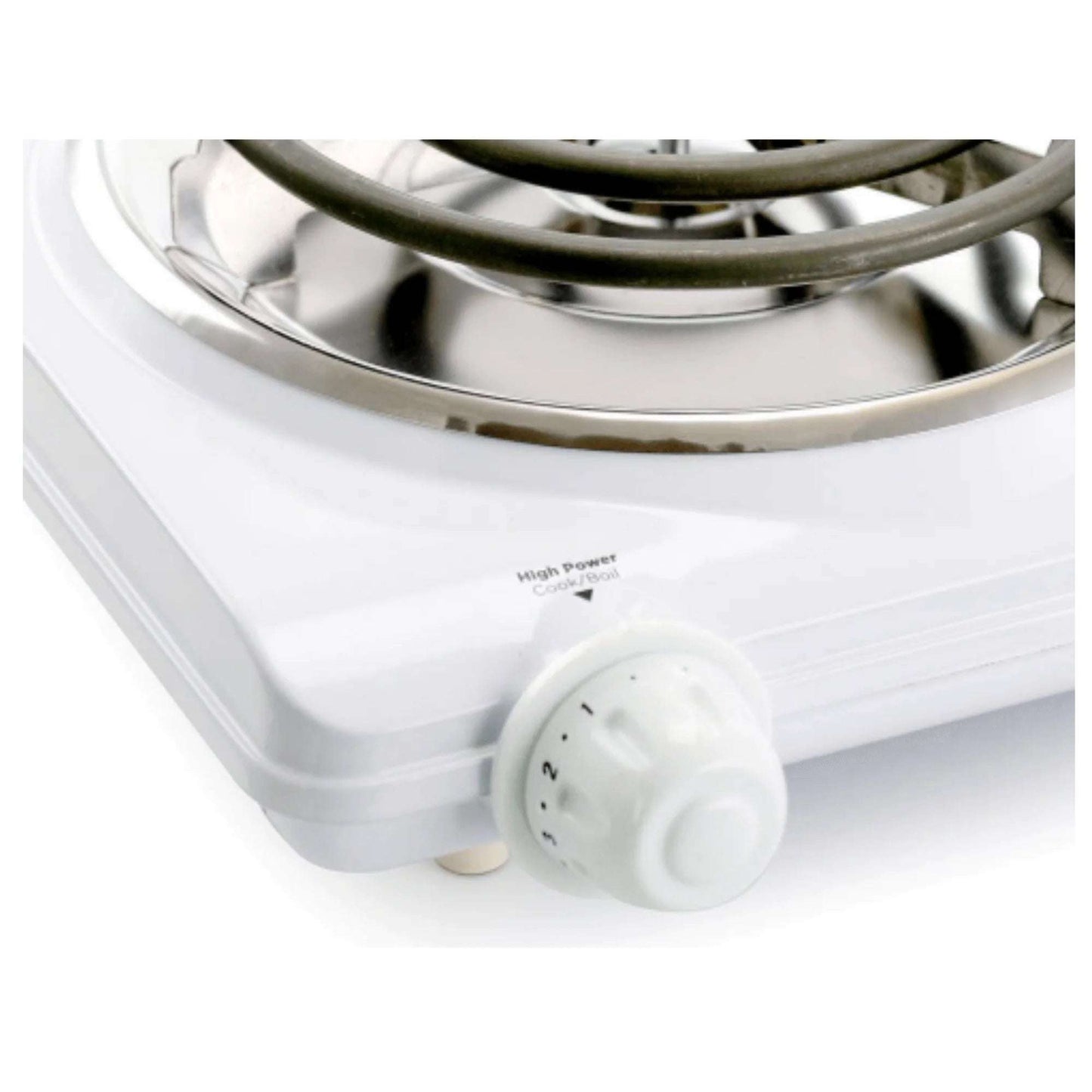 Better Chef Electric Countertop Double Burner white enamel finish with adjustable temperature control knob and coil burner close-up