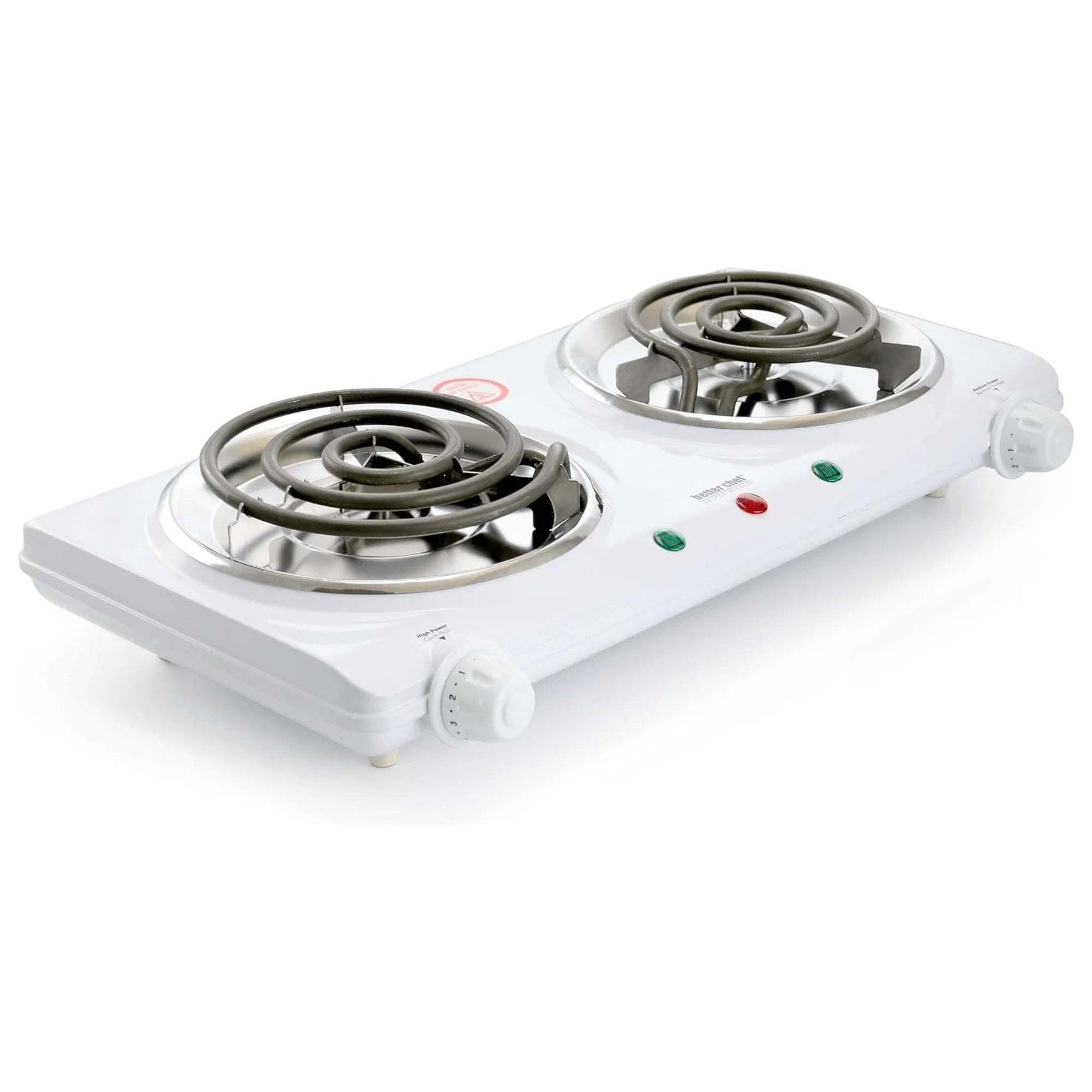 Better Chef Electric Countertop Double Burner with two coil burners, white enamel finish, and adjustable temperature controls