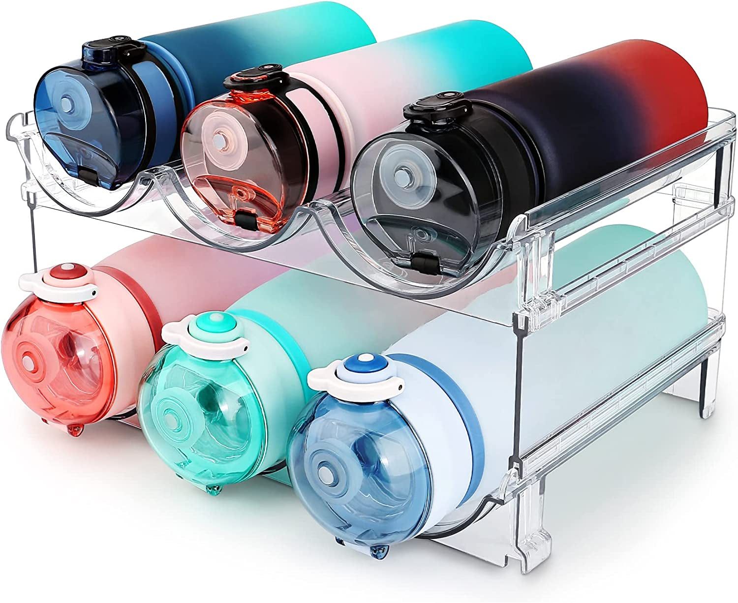 Stackable clear plastic water bottle organizer holding six colorful bottles, space-saving storage rack for cabinets.