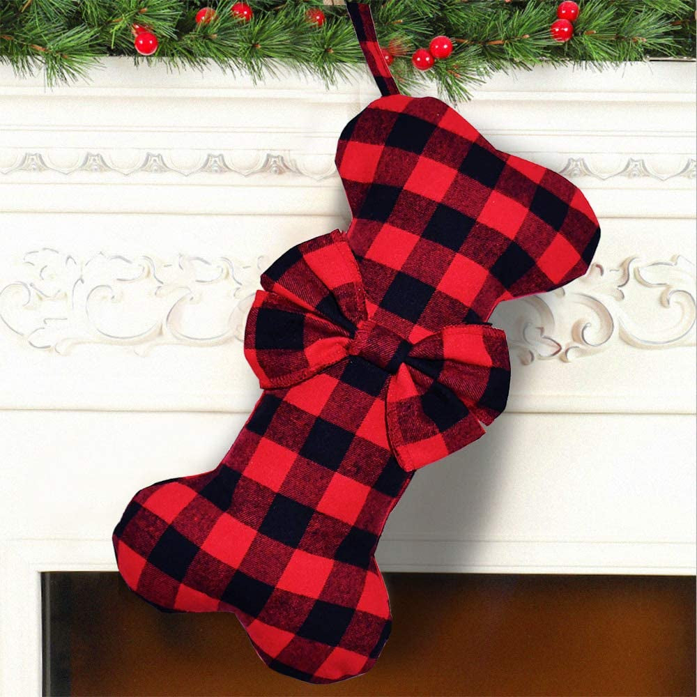 Pet Dog Christmas Stockings Classic Buffalo Red Black Plaid Large Bone Shape Hanging Christmas Stocking for Dogs Pets