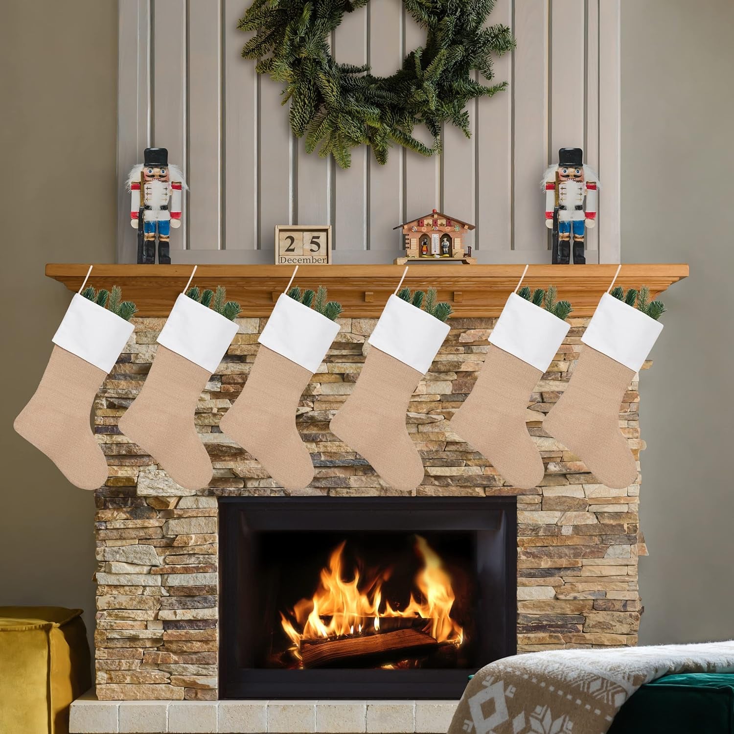 18" Burlap Christmas Stockings for Holiday Decor Plain,Pack 8