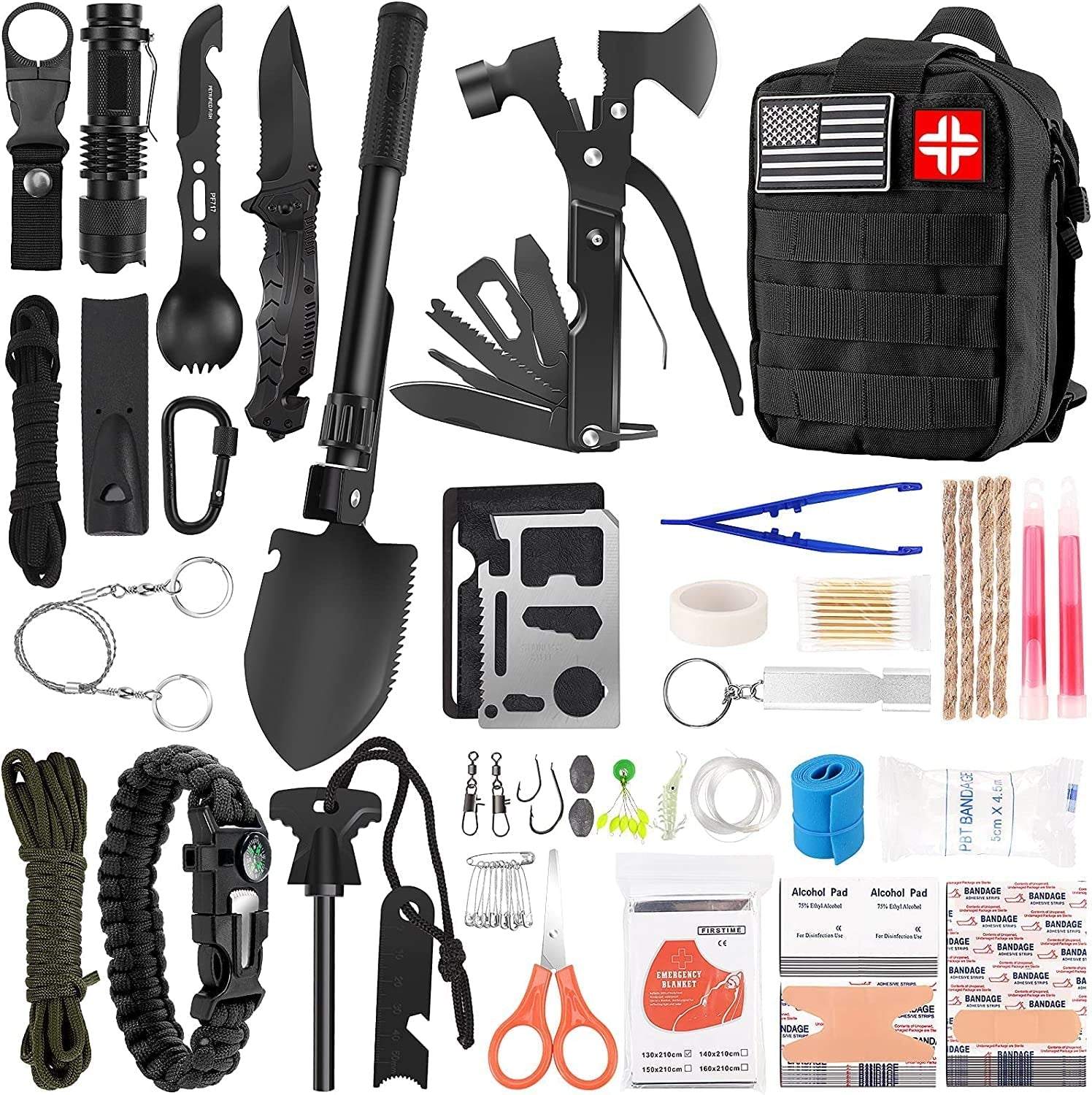 Professional 142-piece survival kit and first aid set with tactical black Molle pouch for outdoor camping and emergencies