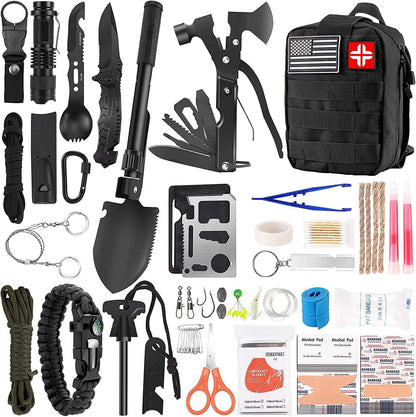 Professional 142-piece survival kit and first aid set with tactical black Molle pouch for outdoor camping and emergencies