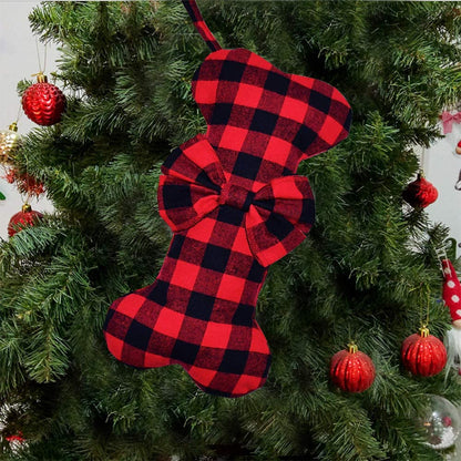 Pet Dog Christmas Stockings Classic Buffalo Red Black Plaid Large Bone Shape Hanging Christmas Stocking for Dogs Pets