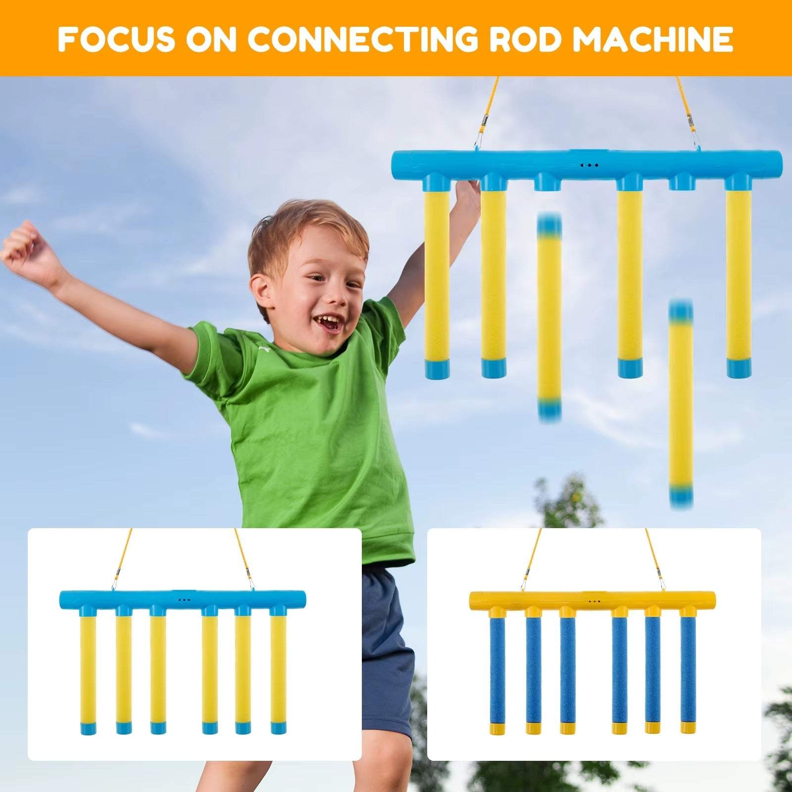 Child playing with blue and yellow falling sticks game improving hand-eye coordination outdoors