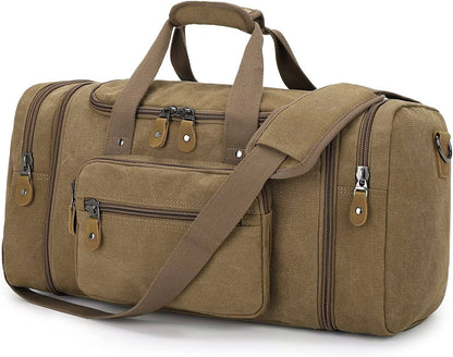Expandable 60L coffee canvas duffle bag with multiple zippered pockets and adjustable shoulder strap for travel and weekend use