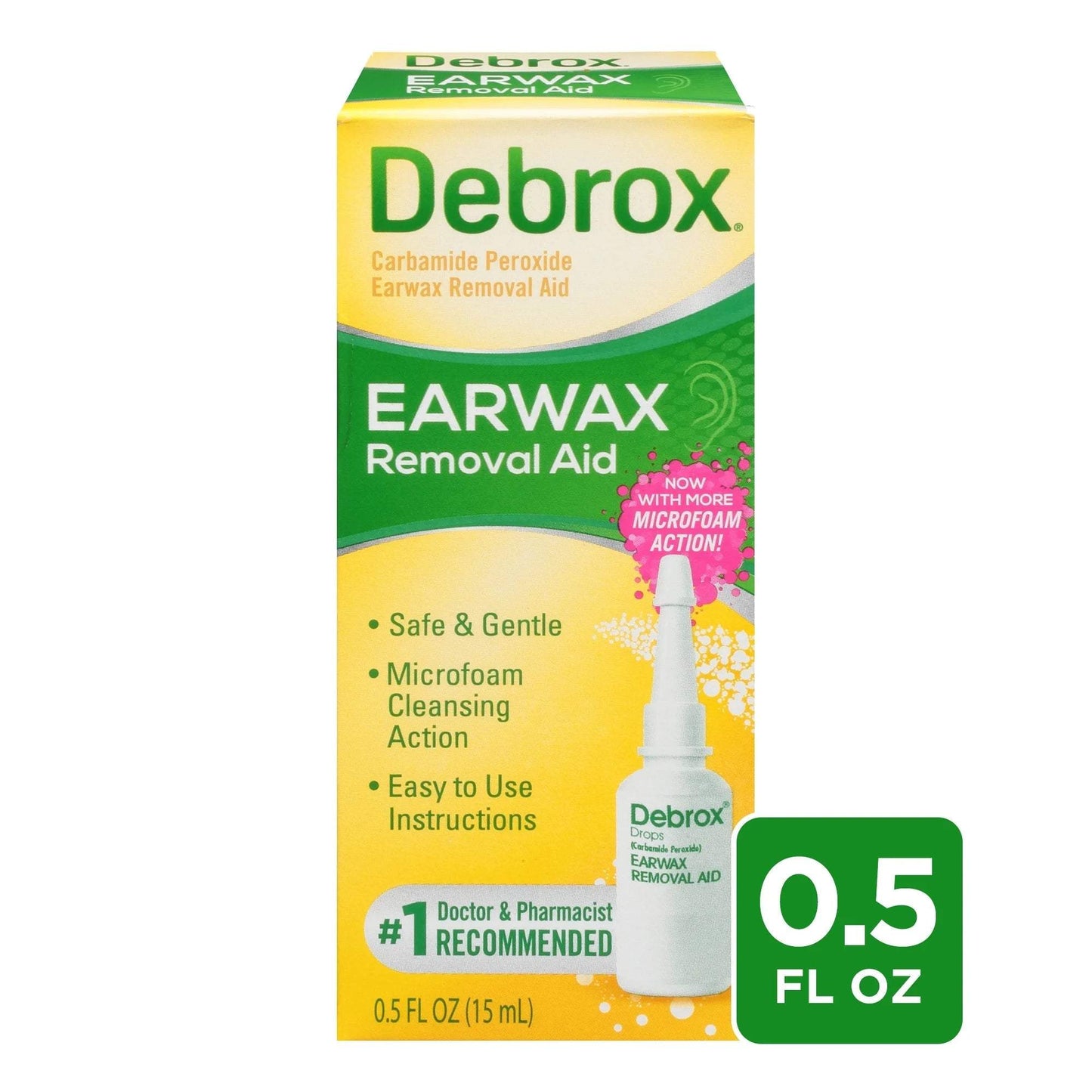 Debrox Ear Wax Removal Drops 0.5 fl oz with gentle microfoam action for safe and effective ear wax removal at home