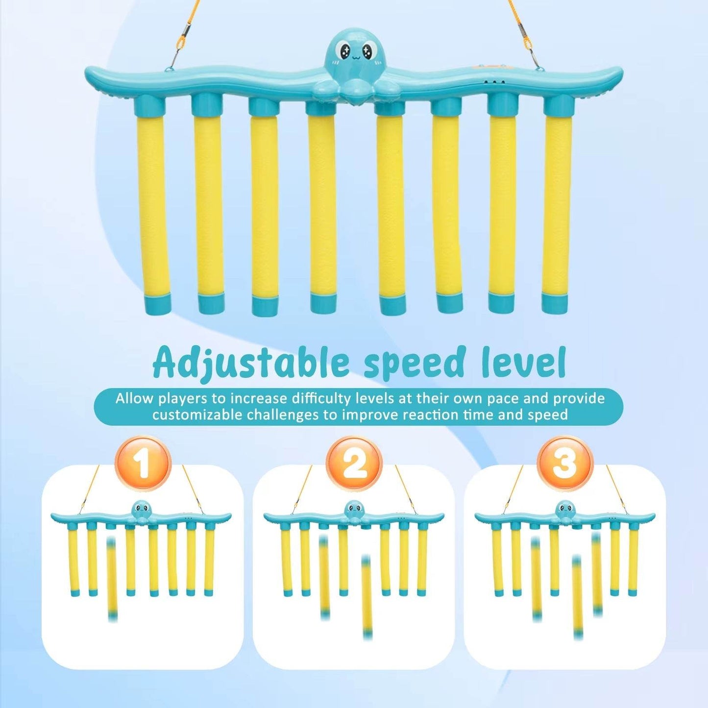 Adjustable speed level falling sticks game with hanging yellow sticks and blue octopus-shaped main rod for kids hand-eye coordination training