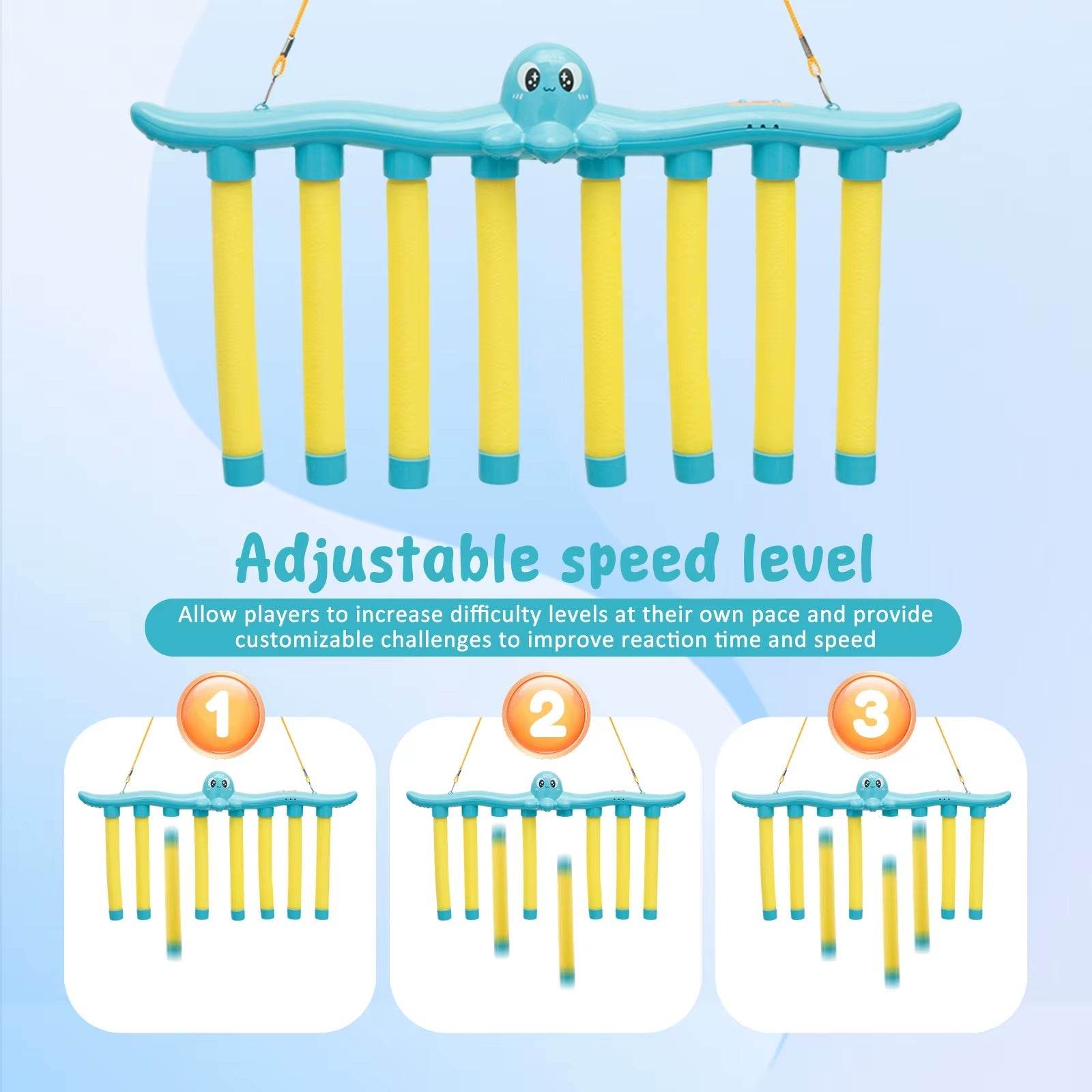 Adjustable speed level falling sticks game with hanging yellow sticks and blue octopus-shaped main rod for kids hand-eye coordination training