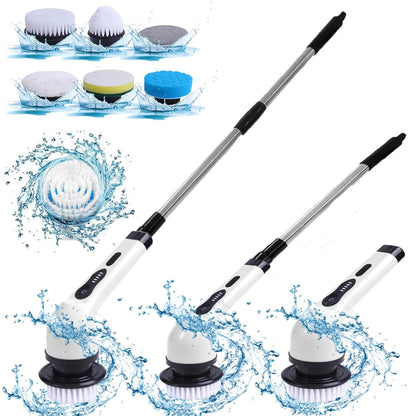 Cordless electric spin scrubber with long handle and six replaceable brush heads for versatile bathroom and tile cleaning