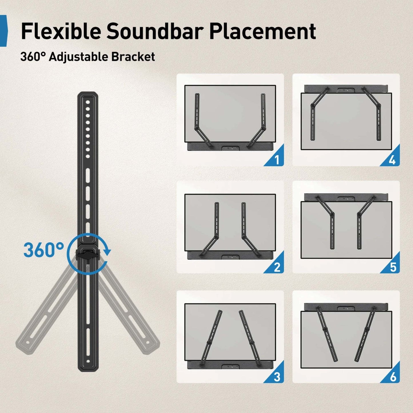 Universal Soundbar Mount with 360-degree adjustable bracket for flexible soundbar placement above or below TV