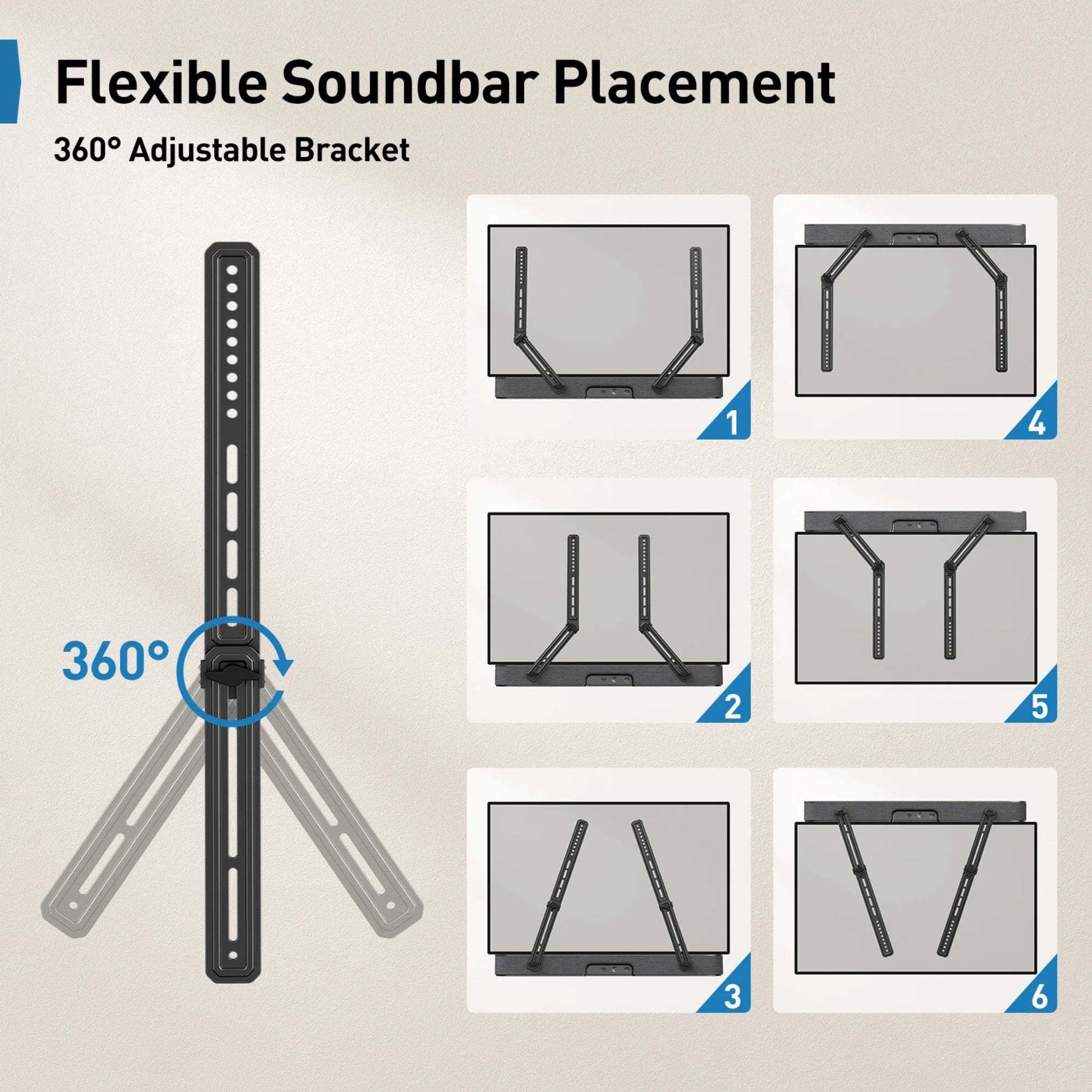 Universal Soundbar Mount with 360-degree adjustable bracket for flexible soundbar placement above or below TV