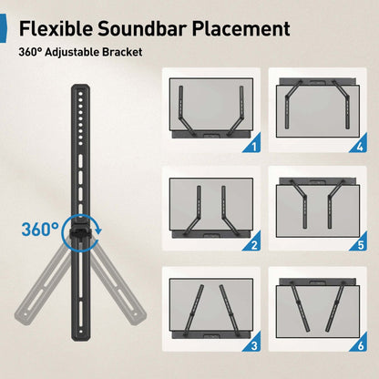 Universal Soundbar Mount with 360-degree adjustable bracket for flexible soundbar placement above or below TV